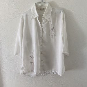 White Sheer Embroidered Oversize Button-Up